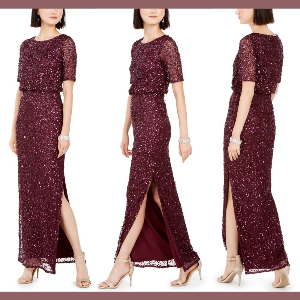 NWT $289 Adrianna Papell Blouson‎ Sequin Gown in Cassis [SZ 6 ]